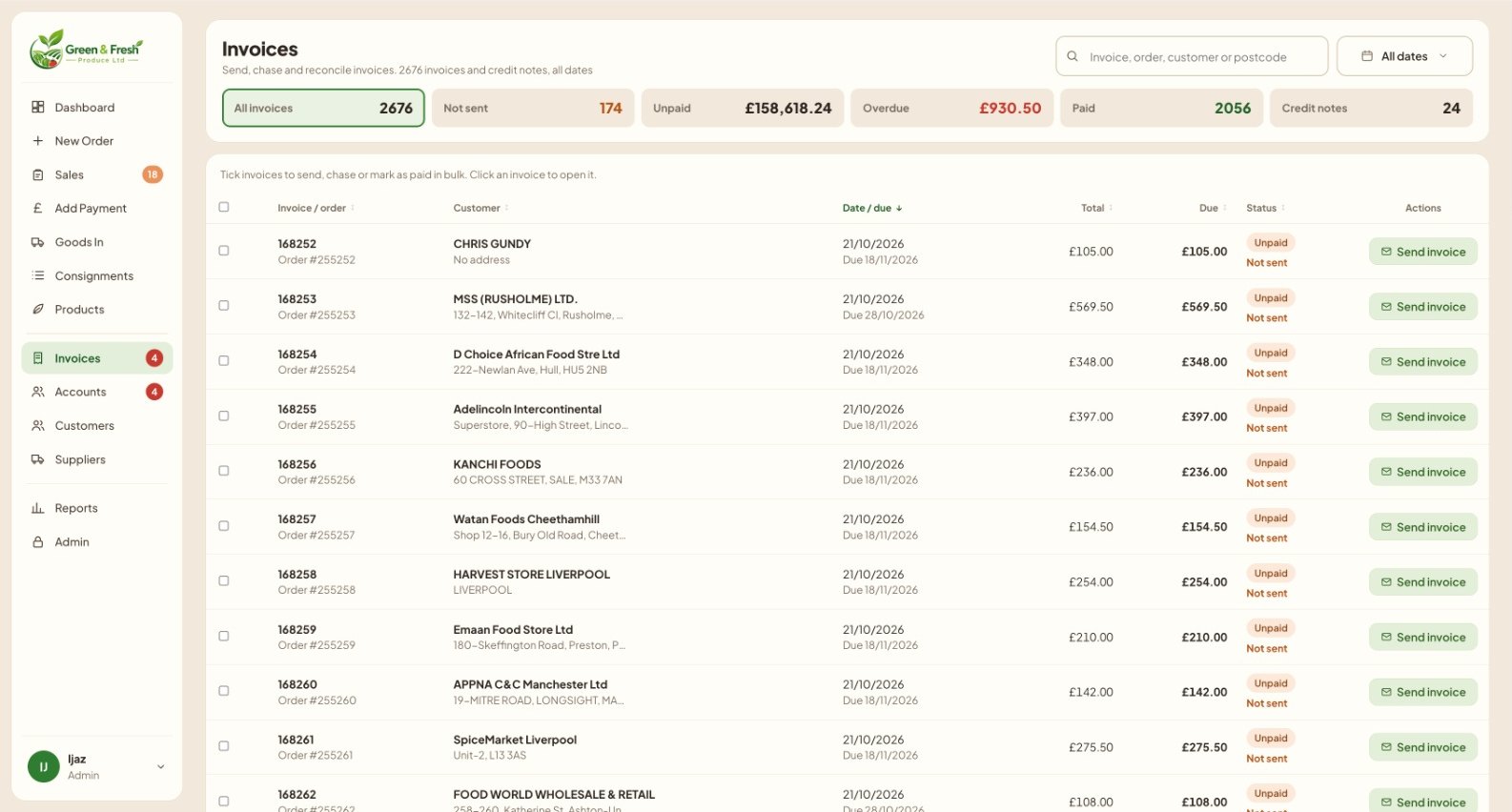 Invoices screen with unpaid and overdue totals