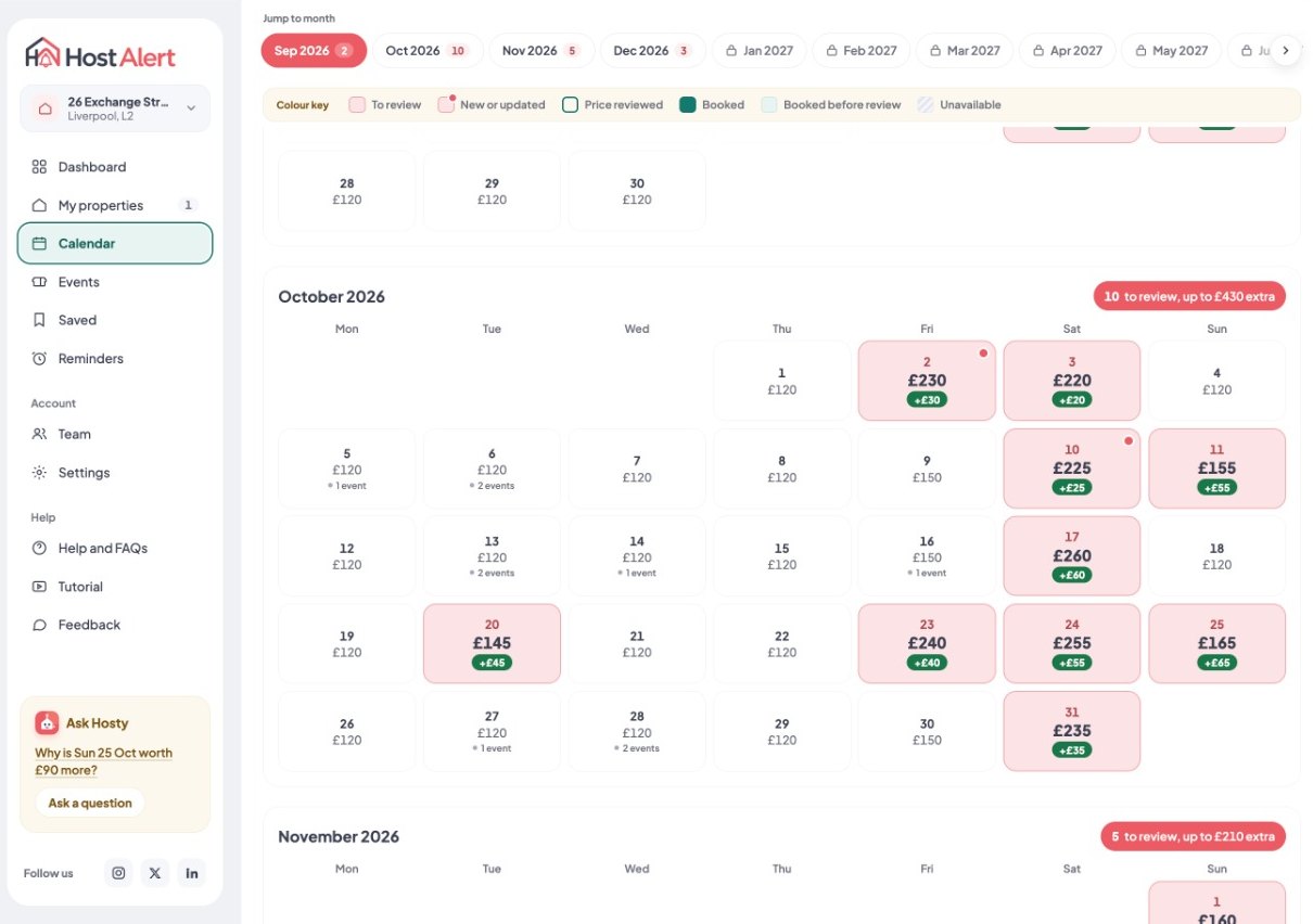 Pricing calendar with high-demand dates highlighted