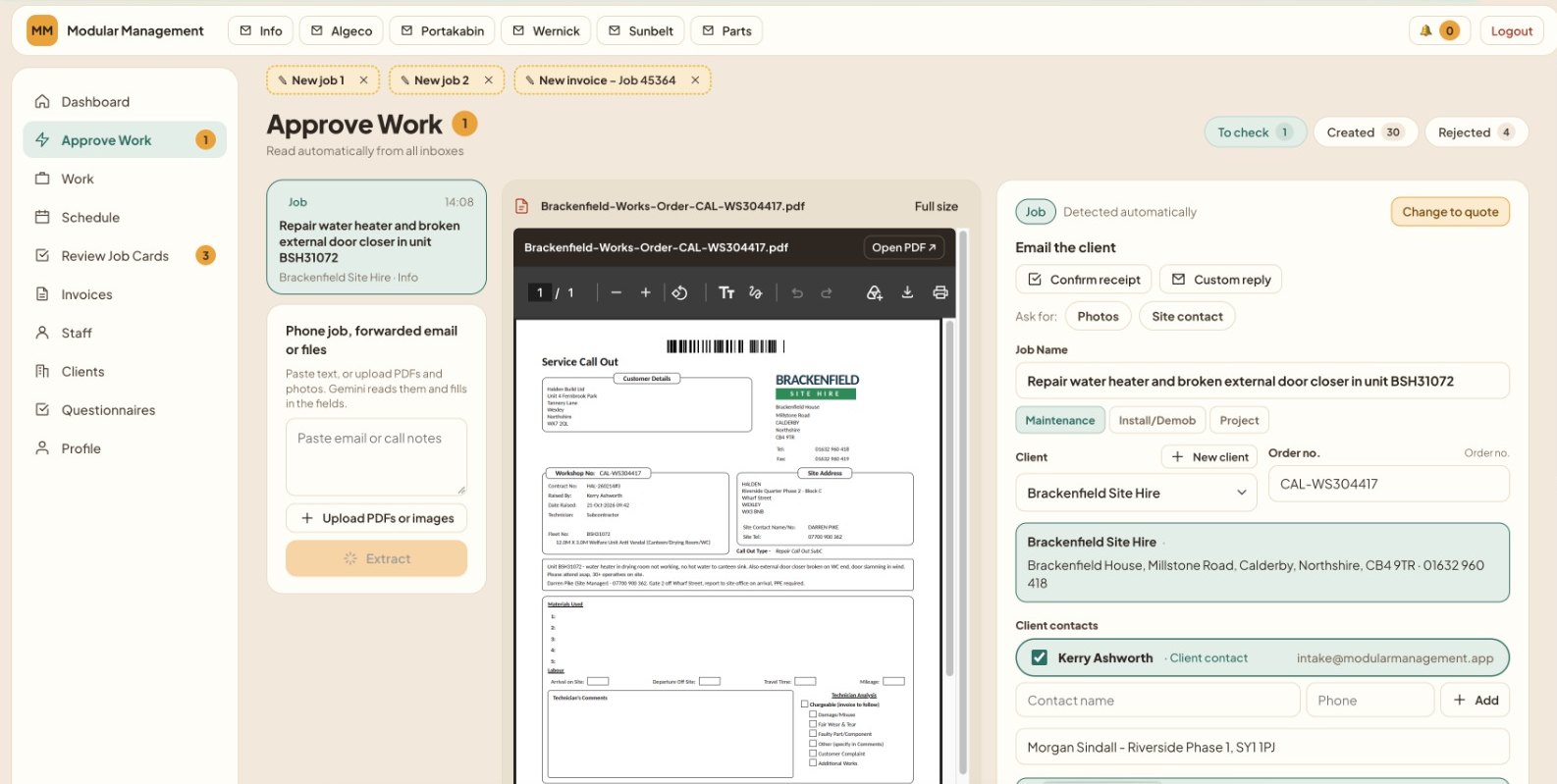Approve Work screen: a works order PDF next to the job details already filled in