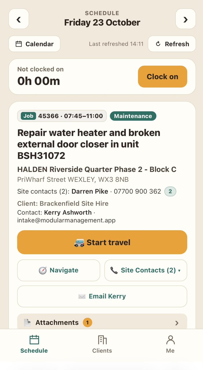 Engineer mobile app showing the job, site address and Start travel button