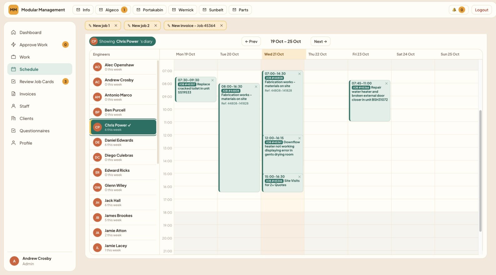Weekly engineer schedule with jobs in time slots